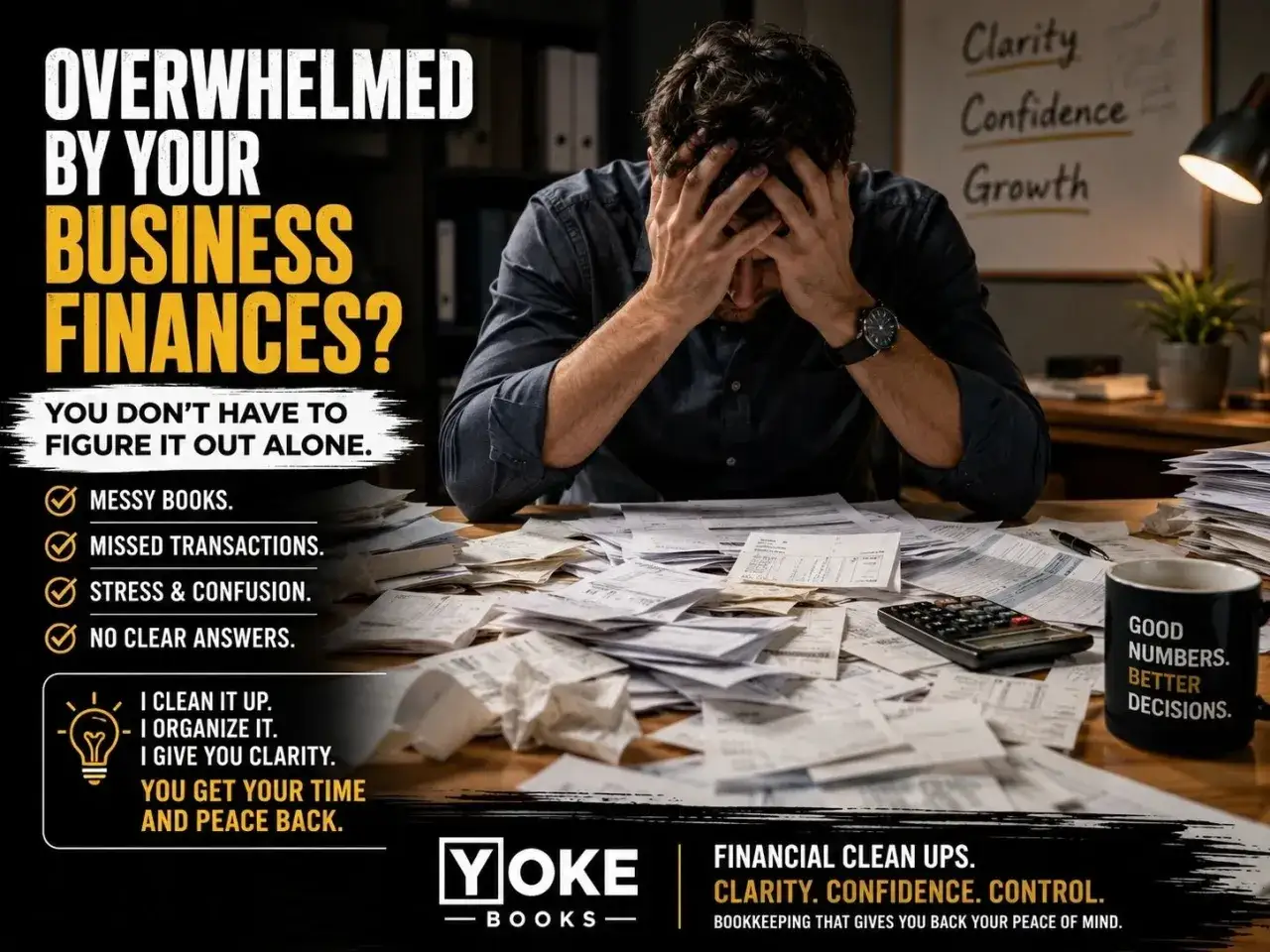 Man overwhelmed by common bookkeeping mistakes like messy books and missed transactions. Yoke Books offers clarity and peace of mind.