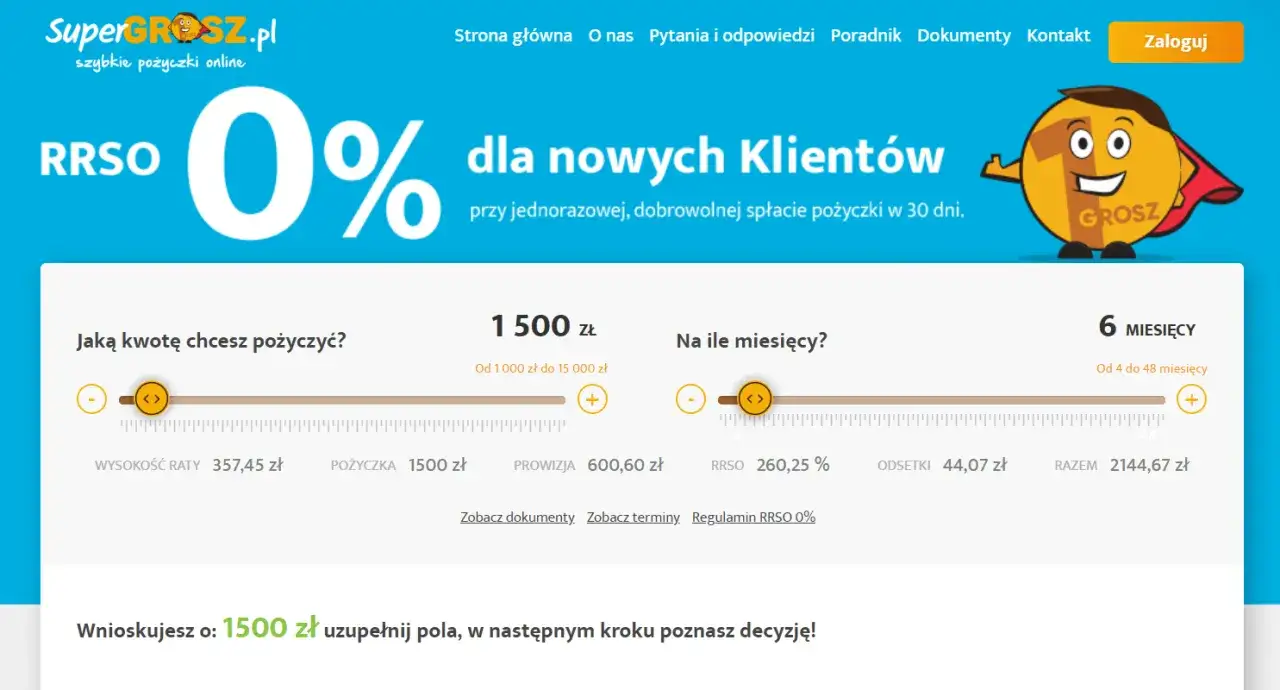 SuperGrosz.pl - kalkulator pożyczki online. RRSO 0% dla nowych klientów. Ustaw kwotę i okres spłaty.