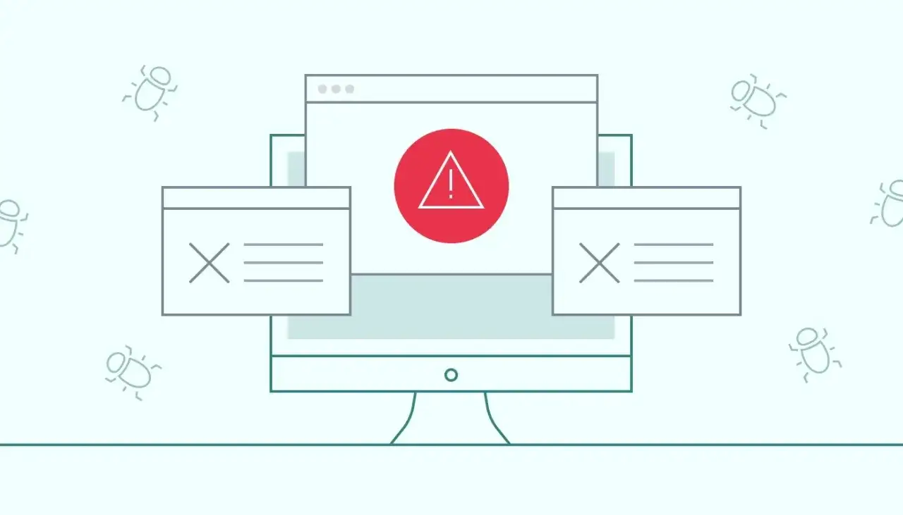 Alerta de seguridad: &iexcl;peligro al comprobar url maliciosa! Iconos de errores y ventanas emergentes en un monitor.