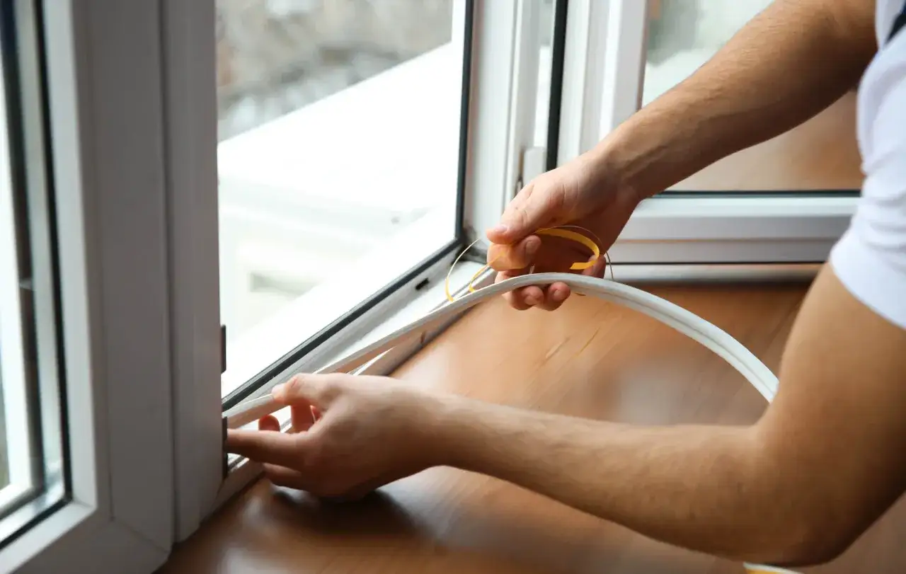 H&auml;nde erneuern die Fensterdichtung, um Zugluft zu vermeiden und Energie zu sparen.
