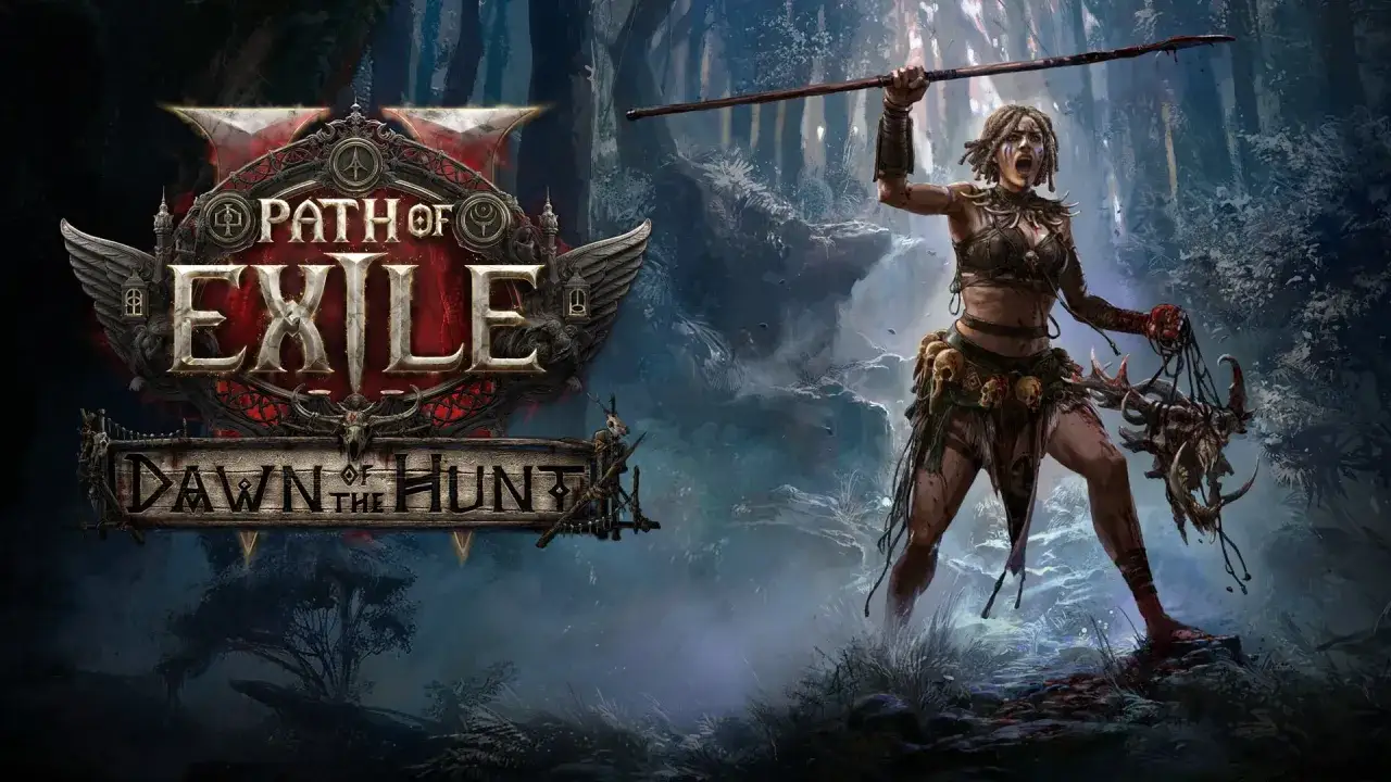 Logo Path of Exile 2 po polsku. Wojowniczka z dzidą i trofeum w mrocznym lesie.