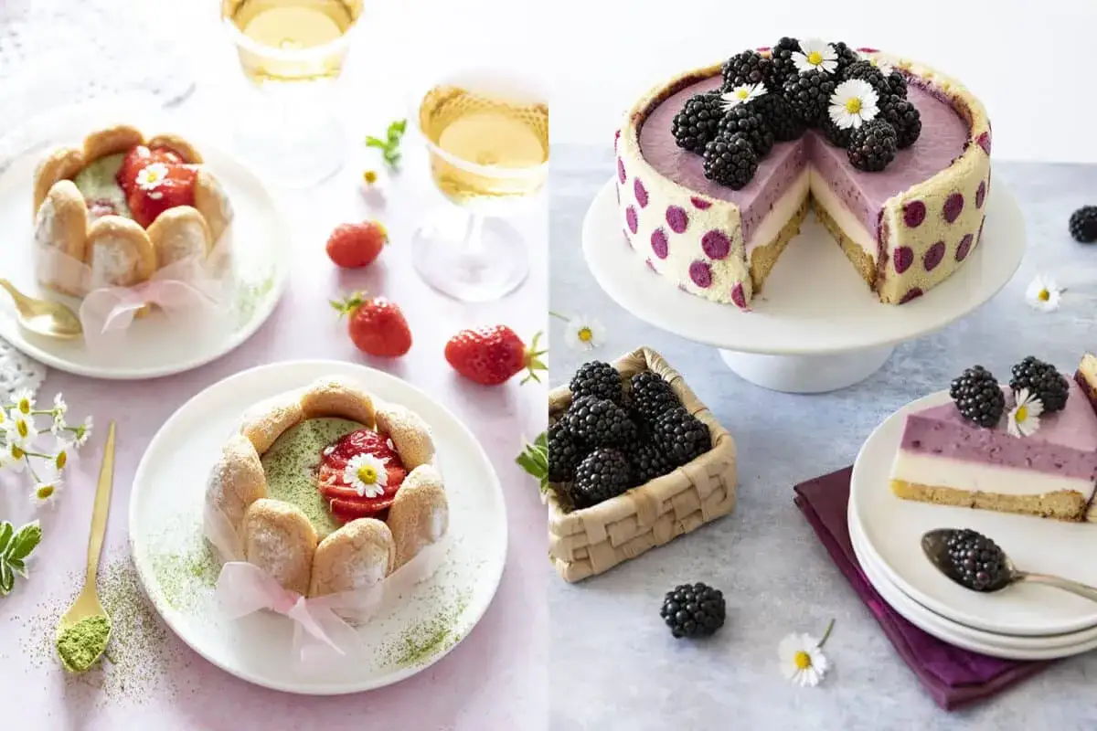 Délicieux dessert fete des grands mere : charlottes aux fraises et matcha, et gâteau aux mûres. Parfait pour célébrer !