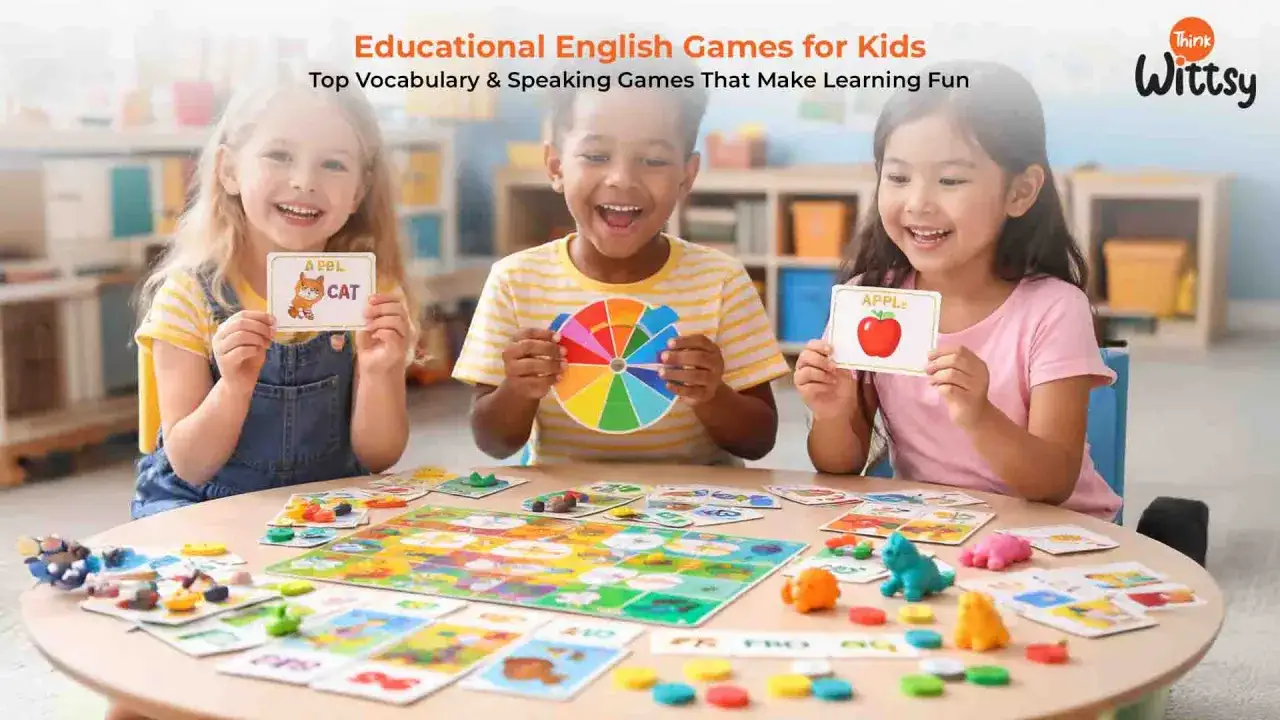 Ni&ntilde;os aprendiendo palabras en ingl&eacute;s para ni&ntilde;os con tarjetas y juegos de mesa. &iexcl;Diversi&oacute;n educativa!