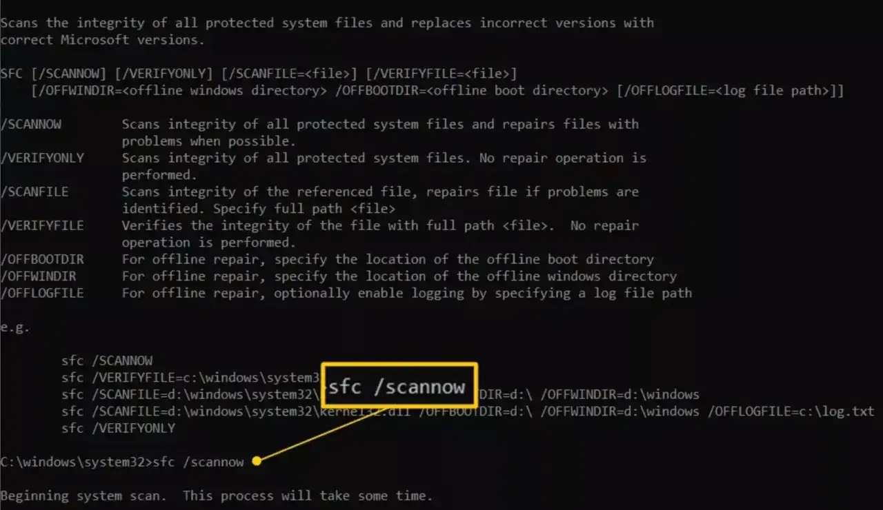 Wiersz poleceń z przykładem użycia `sfc /scannow` do skanowania plików systemowych.