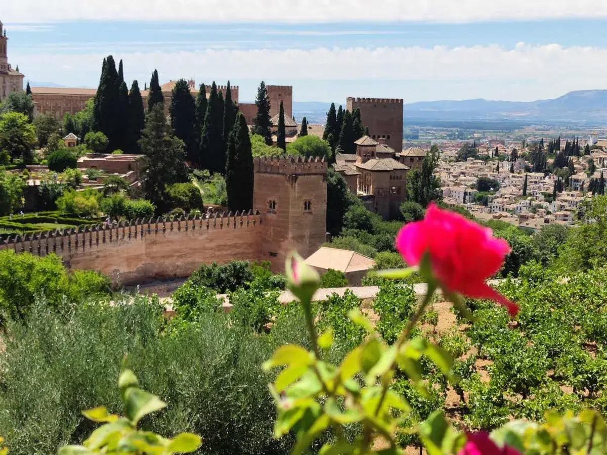 Un giorno a Granada: la maestosa Alhambra domina la citt&agrave; bianca, circondata da giardini lussureggianti e una rosa fucsia in primo piano.