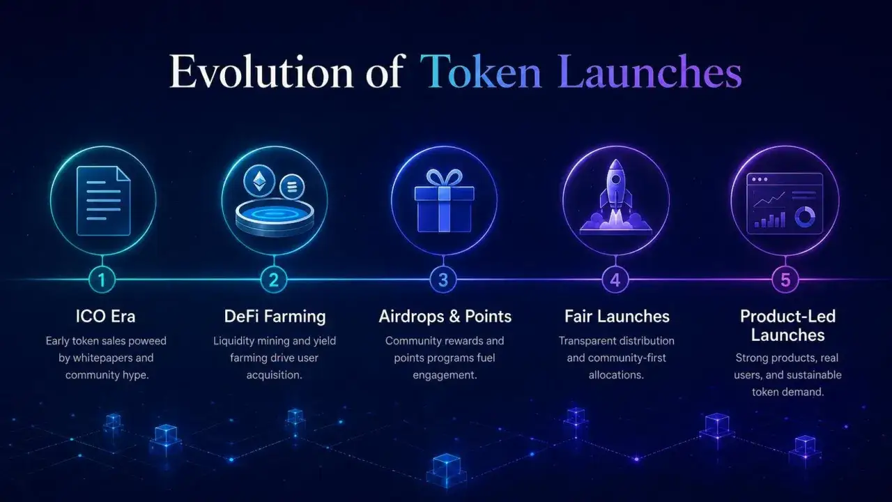 Die Entwicklung von Token-Launches: Von ICOs über DeFi Farming und Airdrops bis hin zu Fair Launches und Product-Led Launches, die den Weg für erfolgreiche Krypto-Projekte ebnen.