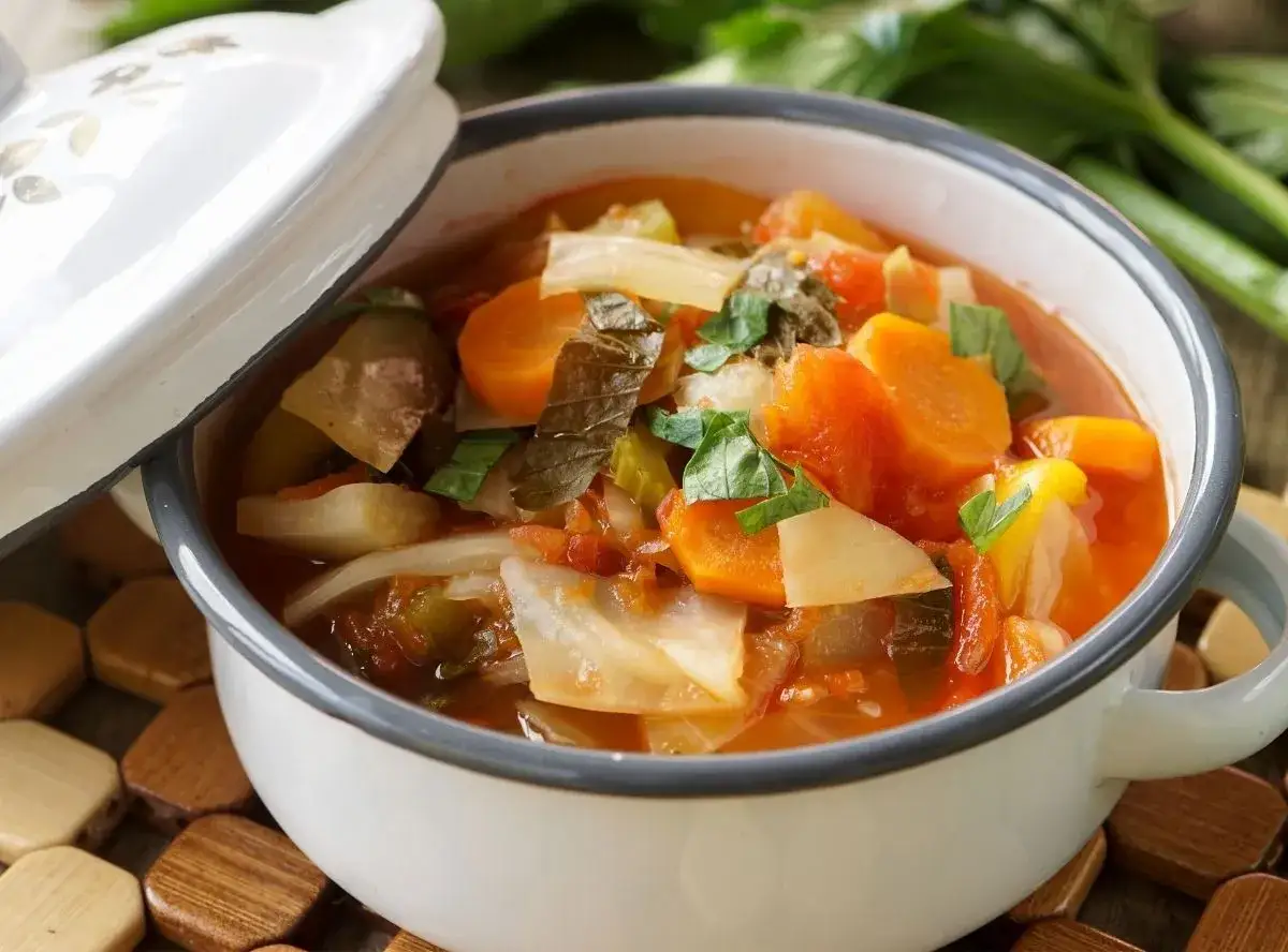 Herzhaftes Kohlsuppe Rezept mit viel Gem&uuml;se wie Karotten und Kohl in einem Topf.
