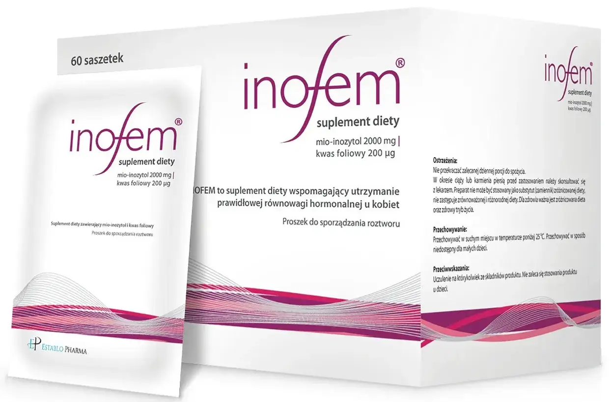 Opakowanie suplementu diety inofem z 60 saszetkami, zawierającego mio-inozytol i kwas foliowy, wspierającego równowagę hormonalną u kobiet.