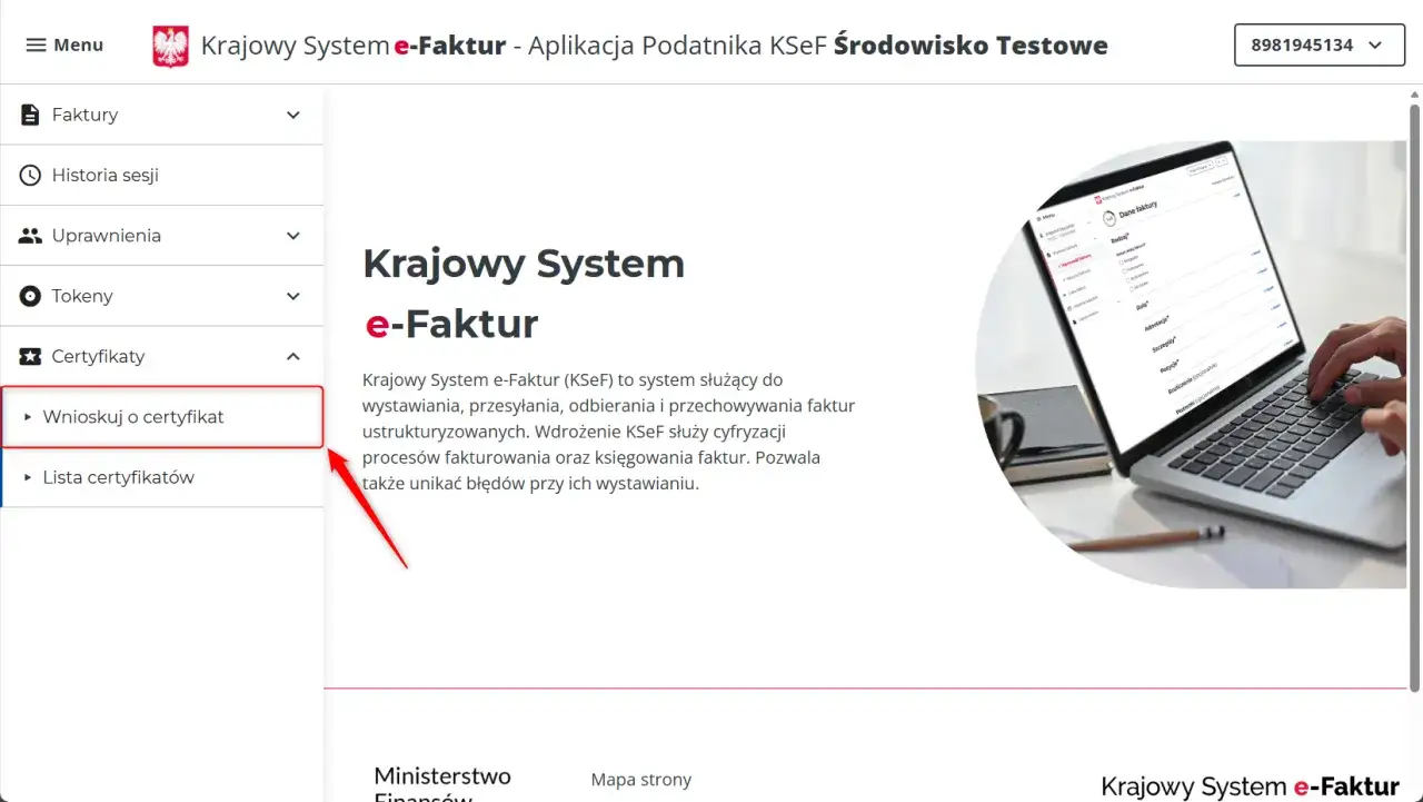 Wniosek o certyfikat w Krajowym Systemie e-Faktur. Użytkownik klika opcję 