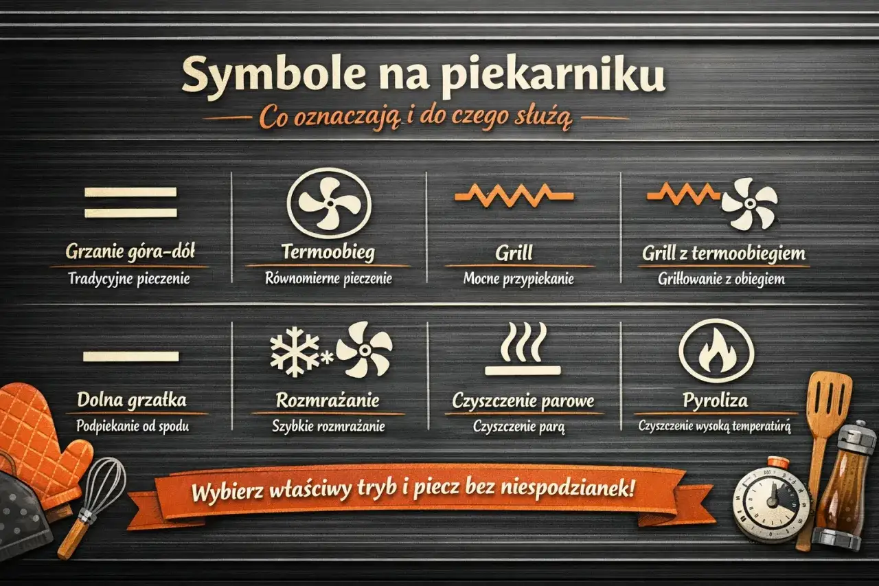 Symbole piekarnika: termoobieg, grill, rozmrażanie, czyszczenie parowe, piroliza. Wybierz właściwy tryb i piecz bez niespodzianek, jak piec szarlotkę z termoobiegiem czy bez.