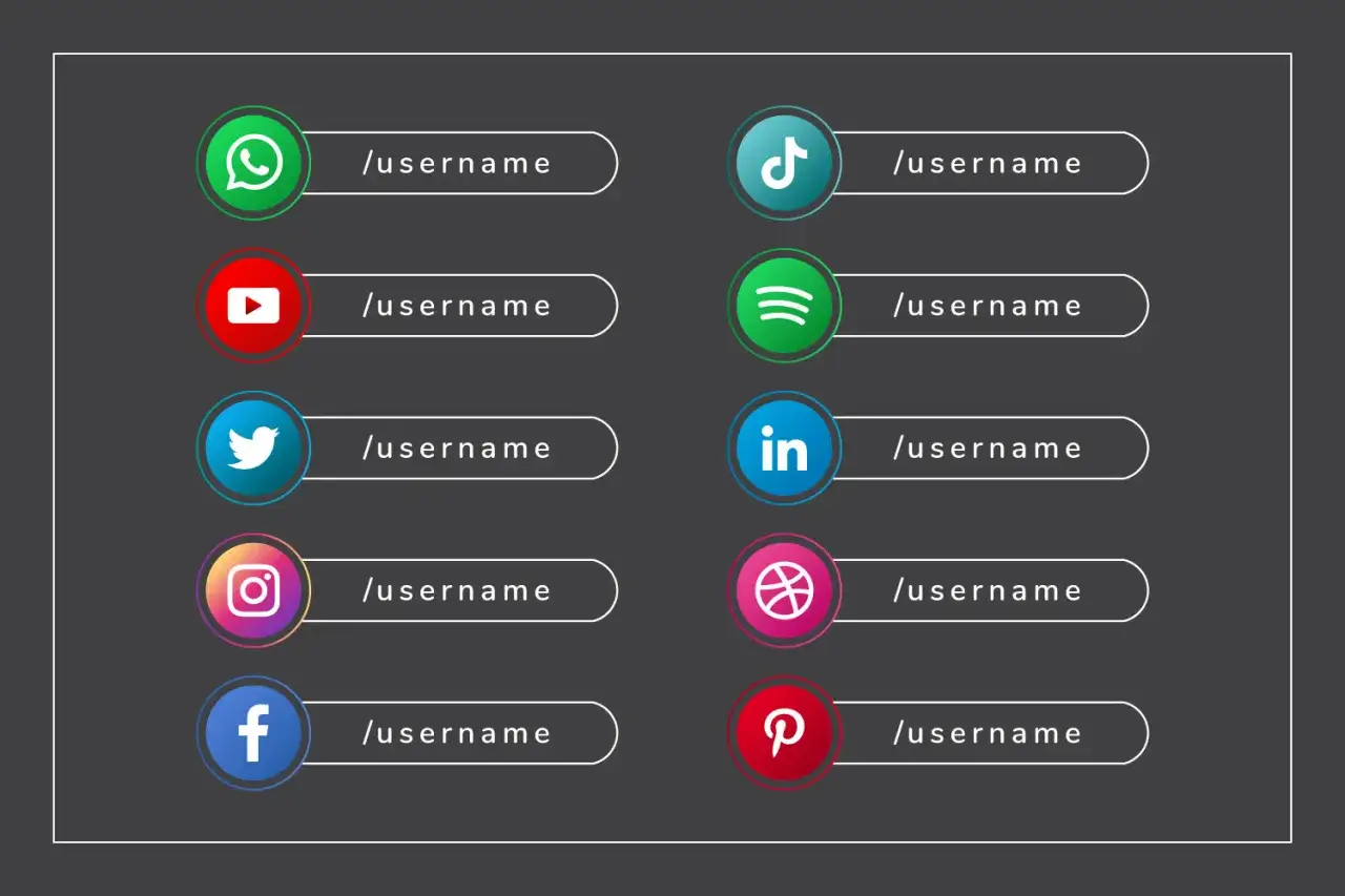 Icônes de réseaux sociaux (WhatsApp, YouTube, Twitter, Instagram, Facebook, TikTok, Spotify, LinkedIn, etc.) avec un champ pour un speudo styler.