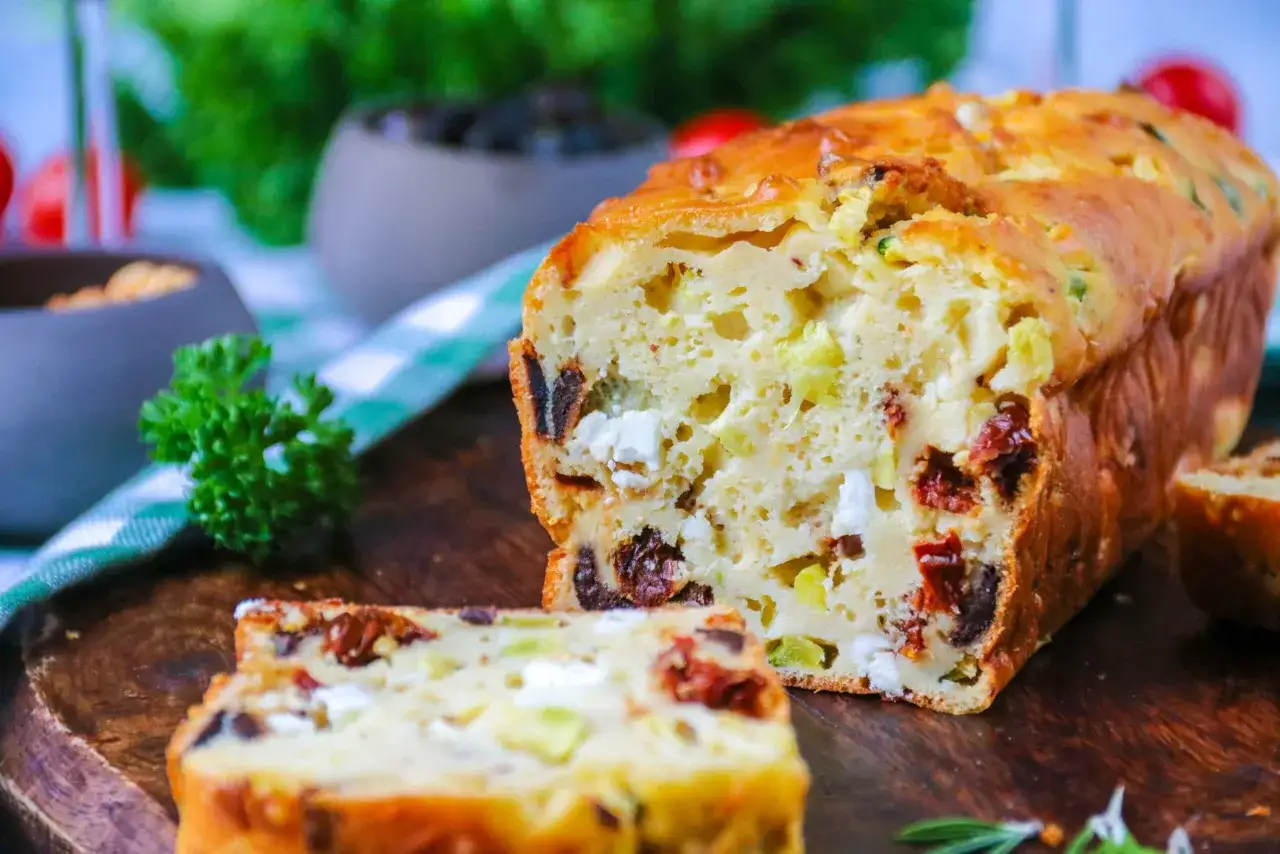 Un délicieux cake de Sophie courgette feta, garni de tomates séchées et d'olives, prêt à être dégusté.
