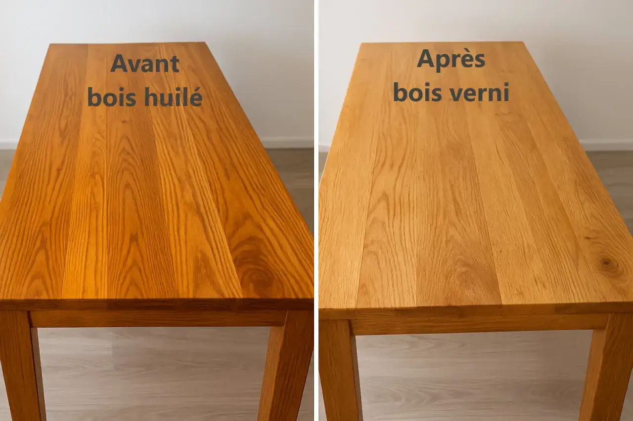 Avant/Apr&egrave;s : comment traiter une planche de bois brut. Le bois huil&eacute; devient un bois verni, plus clair et prot&eacute;g&eacute;.