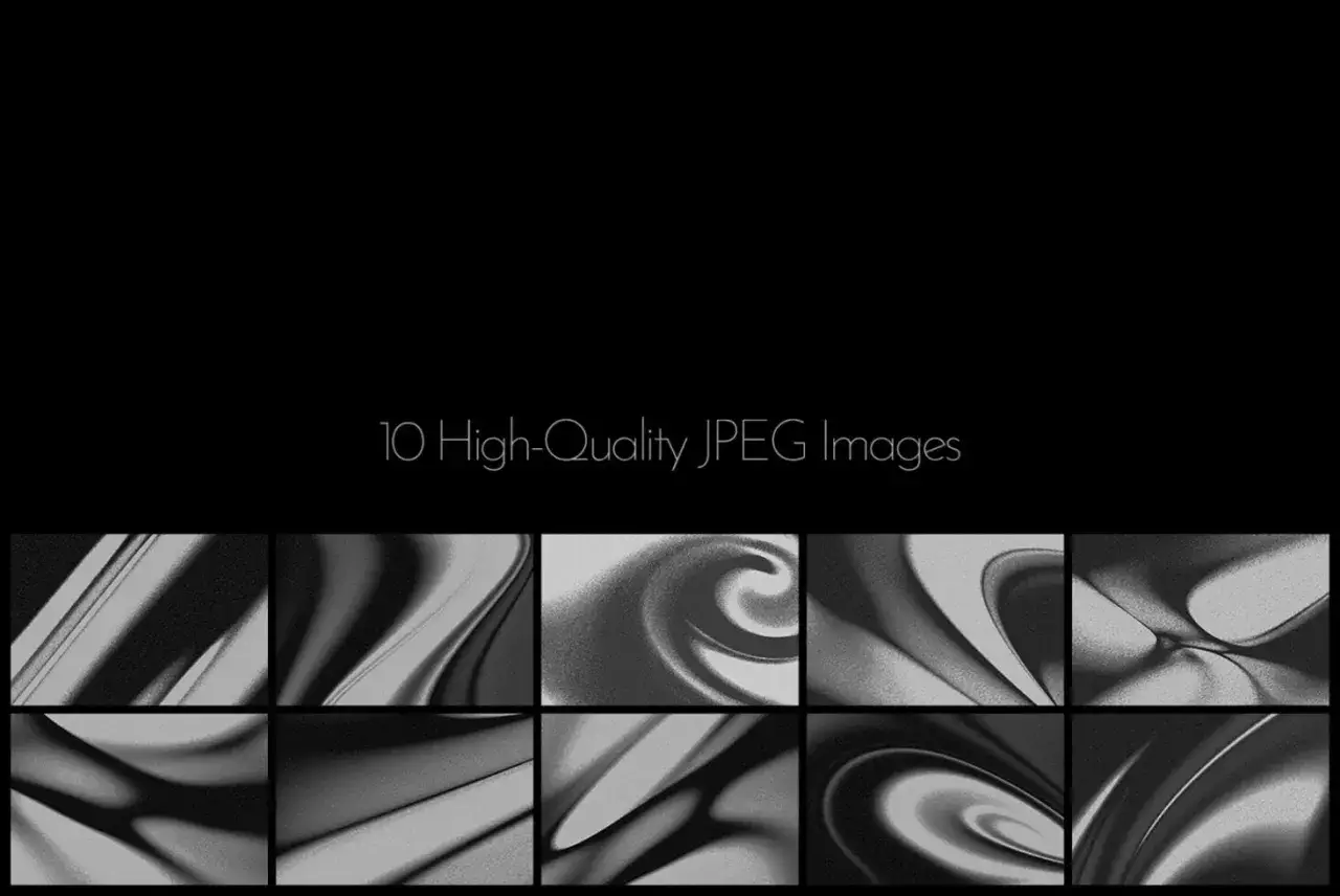 A collection of 10 high-quality JPEG images showcasing abstract monochrome art with flowing, liquid-like textures and a grainy finish.