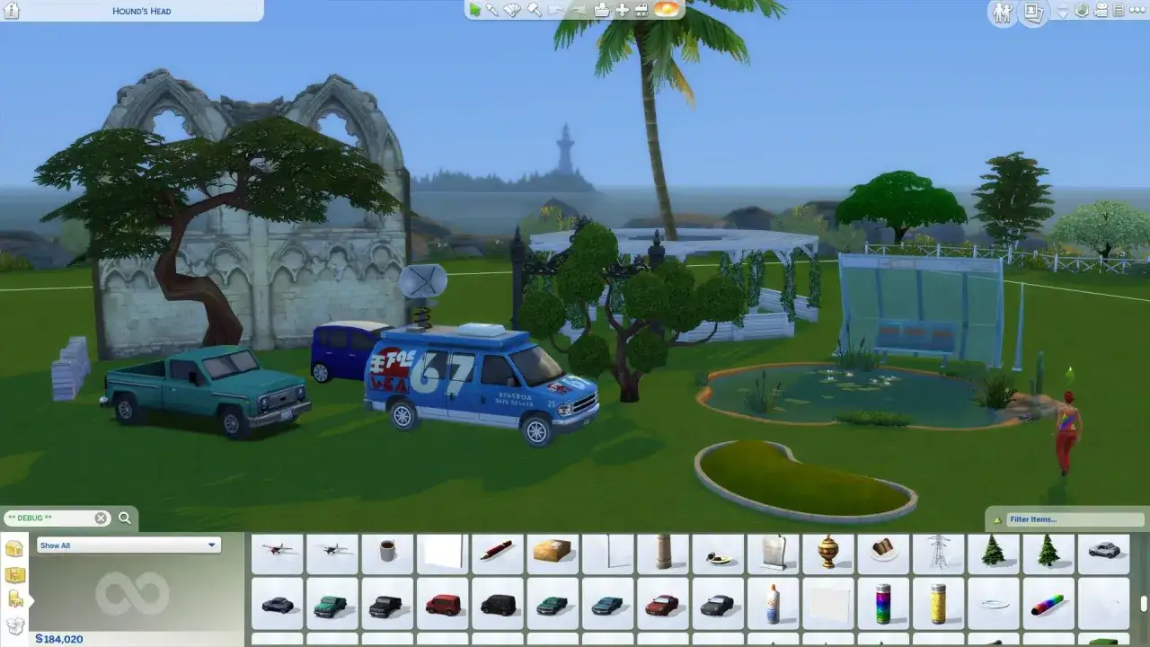 W grze The Sims 4, w trybie budowania, widać teren z ruinami, samochodami i elementami krajobrazu. Użyto tu **kody na debug the Sims 4**, by dodać unikalne obiekty.