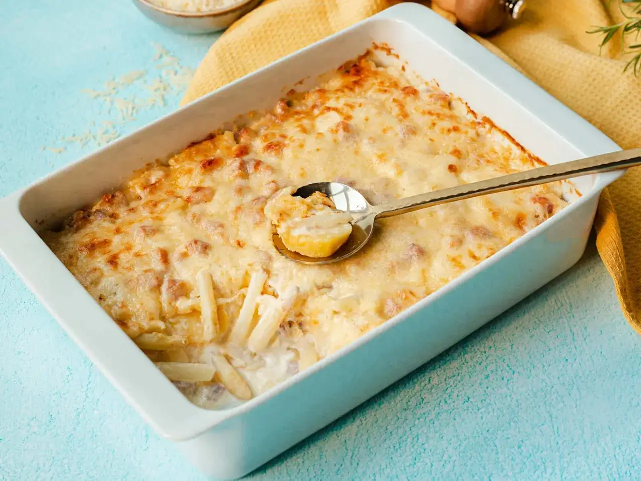Herzhafter Kartoffel Spargel Auflauf mit K&auml;se &uuml;berbacken, bereit zum Servieren.