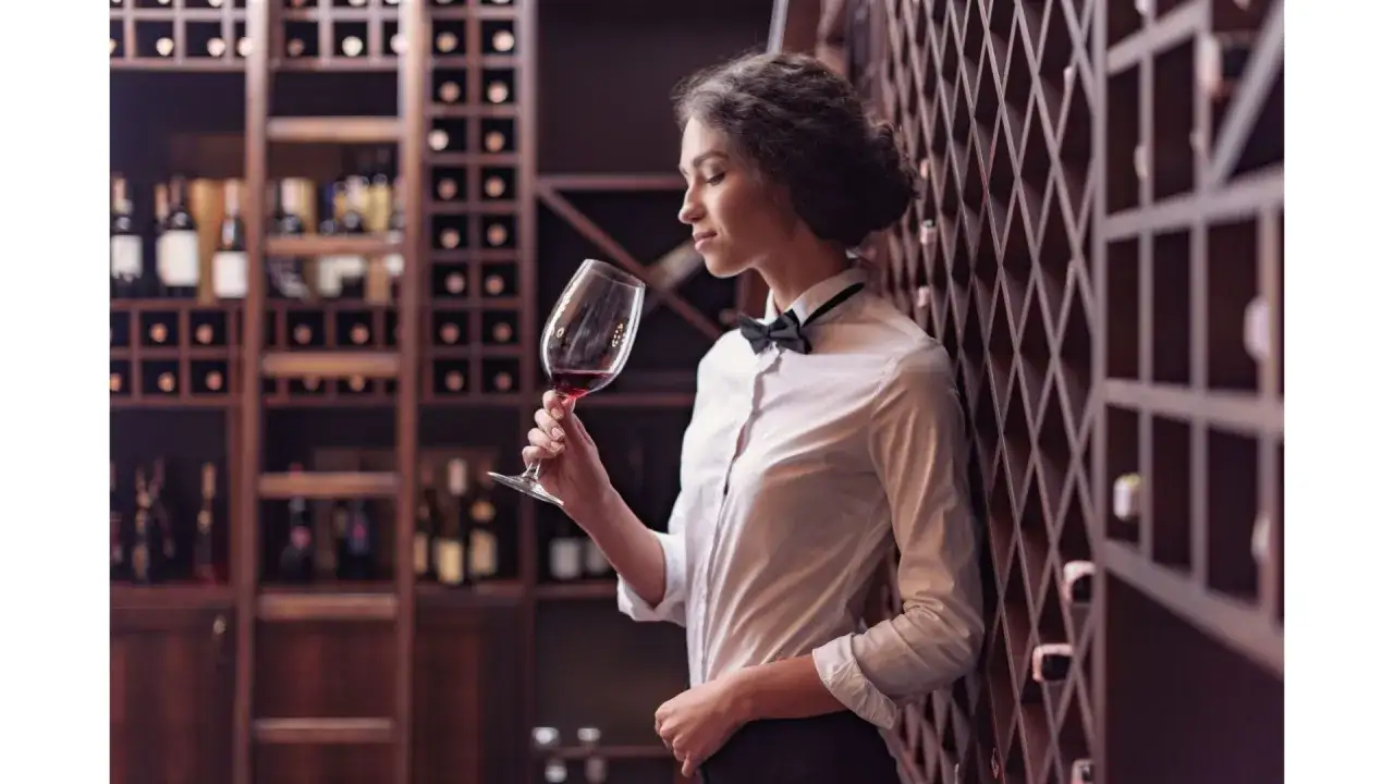 Kto to sommelier? Kobieta w białej koszuli i muszce wącha czerwone wino w piwniczce z winami.