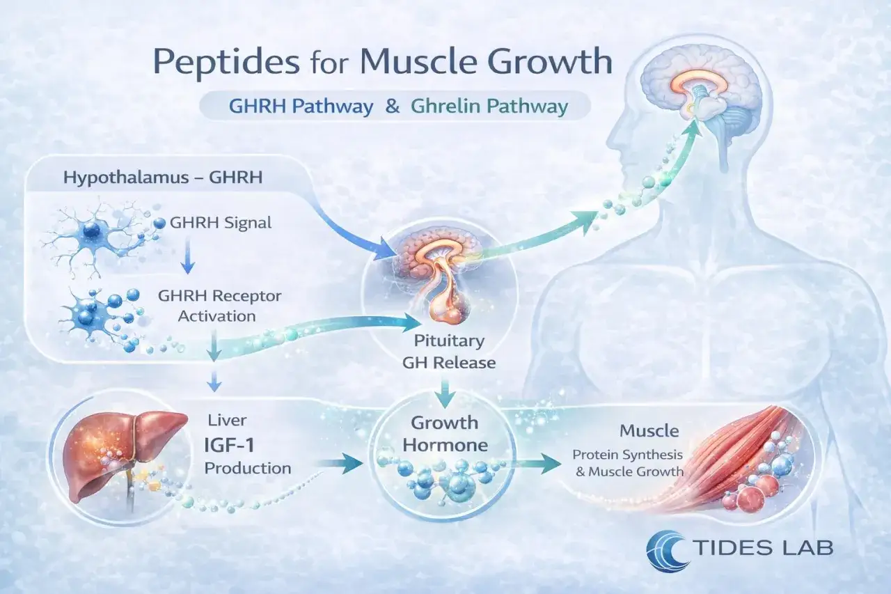 Schema zeigt, wie GHRH und Ghrelin über Wachstumshormone den Muskelaufbau fördern. Diese Hormone sind entscheidend für die Proteinsynthese.
