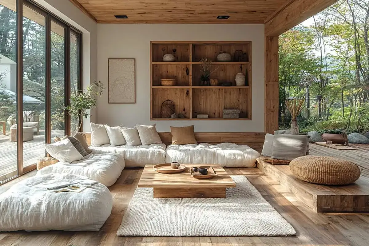 Un salotto con divani bassi e cuscini bianchi, tavolino in legno e vista su un giardino lussureggiante. I colori rilassanti creano un'atmosfera serena.