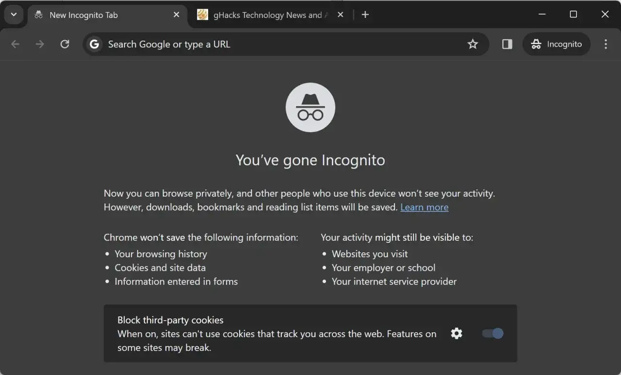 Przeglądarka Chrome w trybie incognito. Ikona w okularach i kapeluszu symbolizuje prywatność podczas przeglądania.