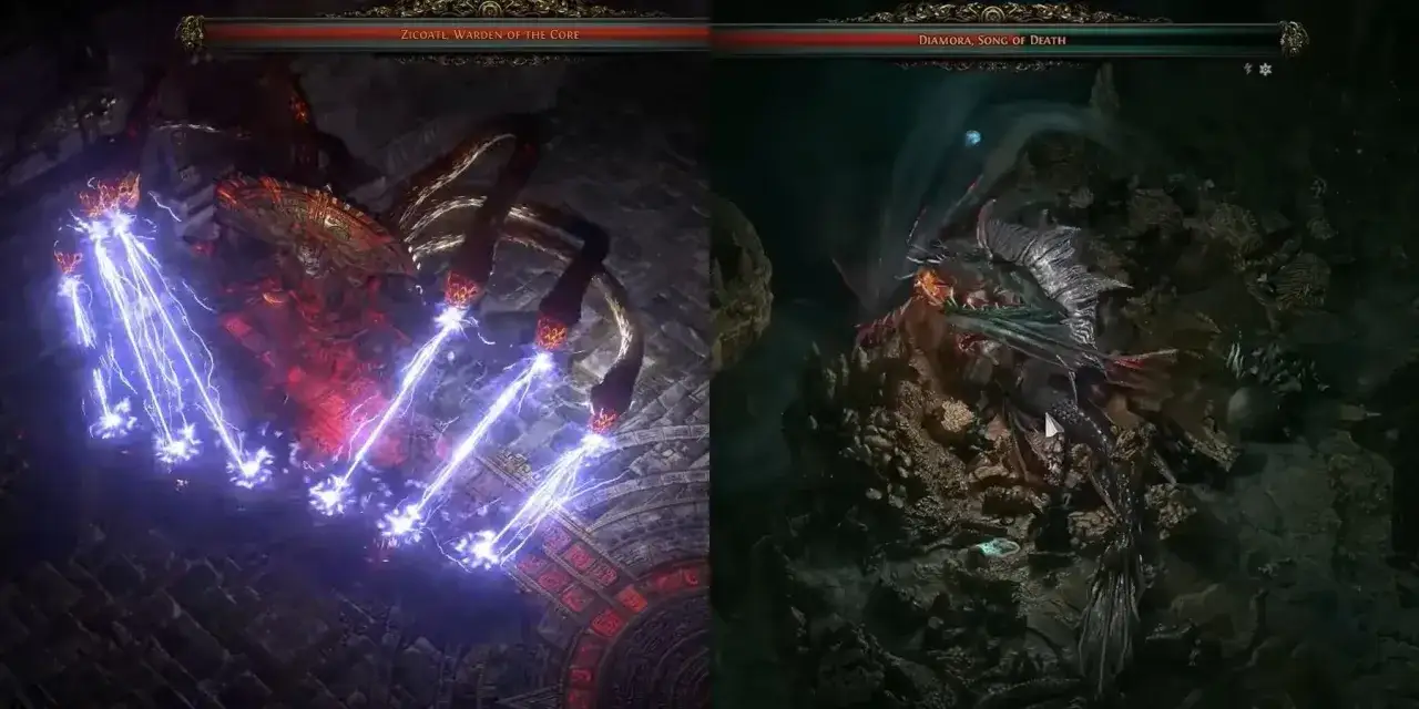 Dwa potężne bossy z Path of Exile 2: Zicoatl, Strażnik Rdzenia, strzela błyskawicami, a Diamora, Pieśń Śmierci, szykuje atak.
