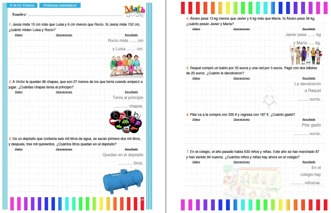 Hojas de problemas matemáticos para 5º de primaria con ejercicios de cálculo y lógica.