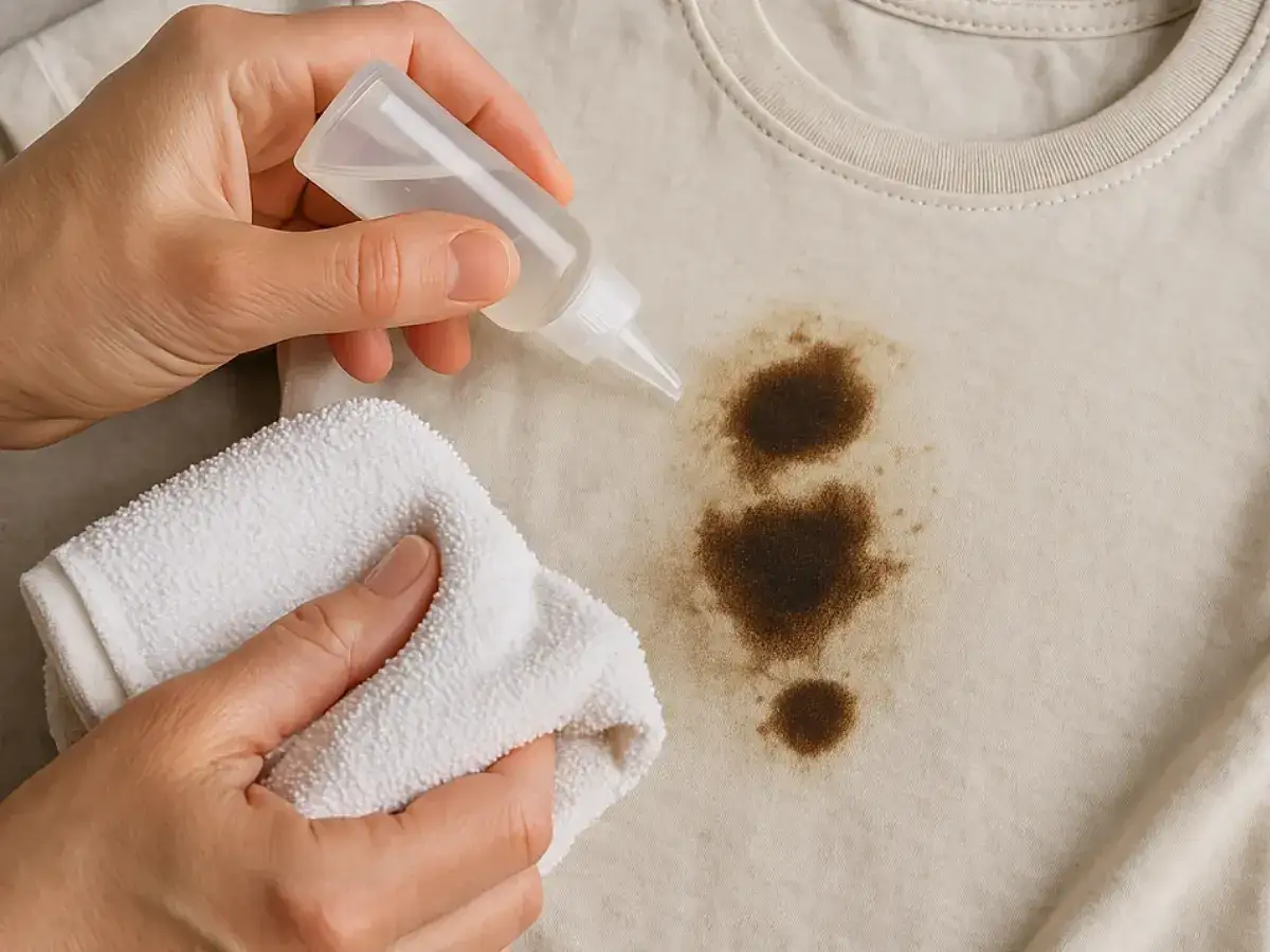 Manos aplicando l&iacute;quido a una mancha de grasa en ropa beige, con un pa&ntilde;o blanco para frotar. Aprende como quitar la grasa de la ropa.