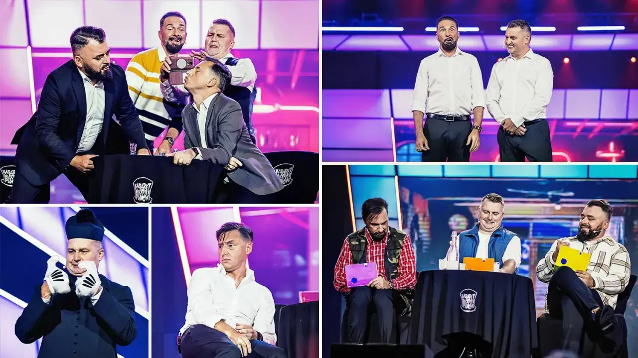 Kabaret Młodych Panów członkowie w różnych scenkach. Jeden z nich całuje aparat, inny robi śmieszne miny.