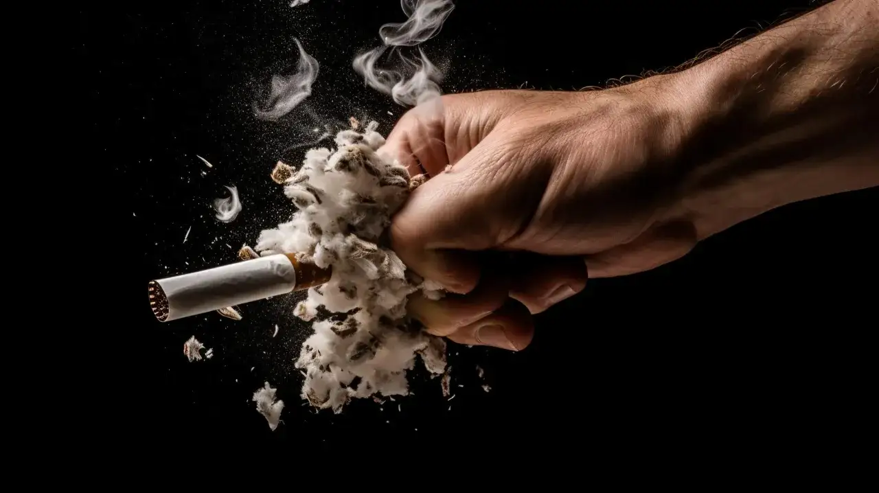 Pu&ntilde;o aplastando un cigarrillo, liberando humo y tabaco. Una imagen poderosa para eliminar olor tabaco casa.
