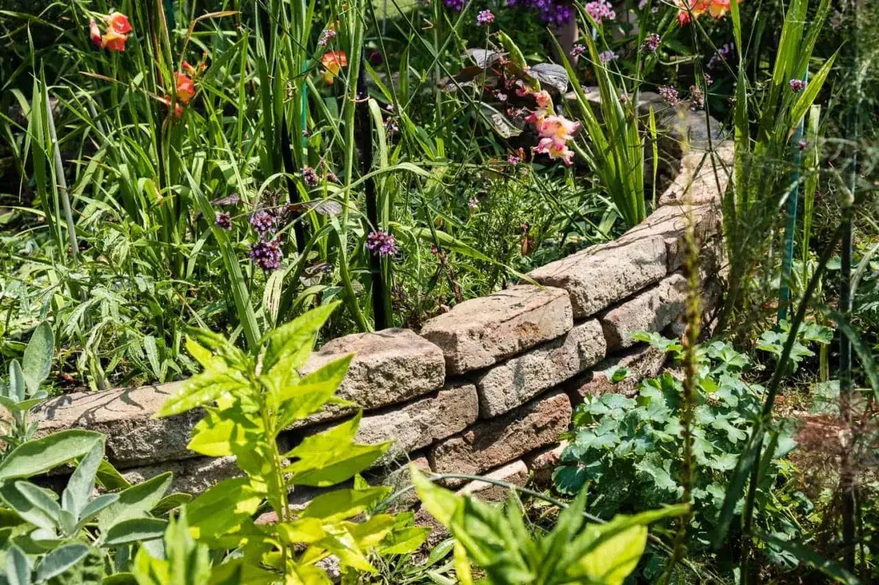 Ein niedriges Ziegelstein-Rondell im Garten gestalten, umgeben von üppigem Grün und bunten Blüten.
