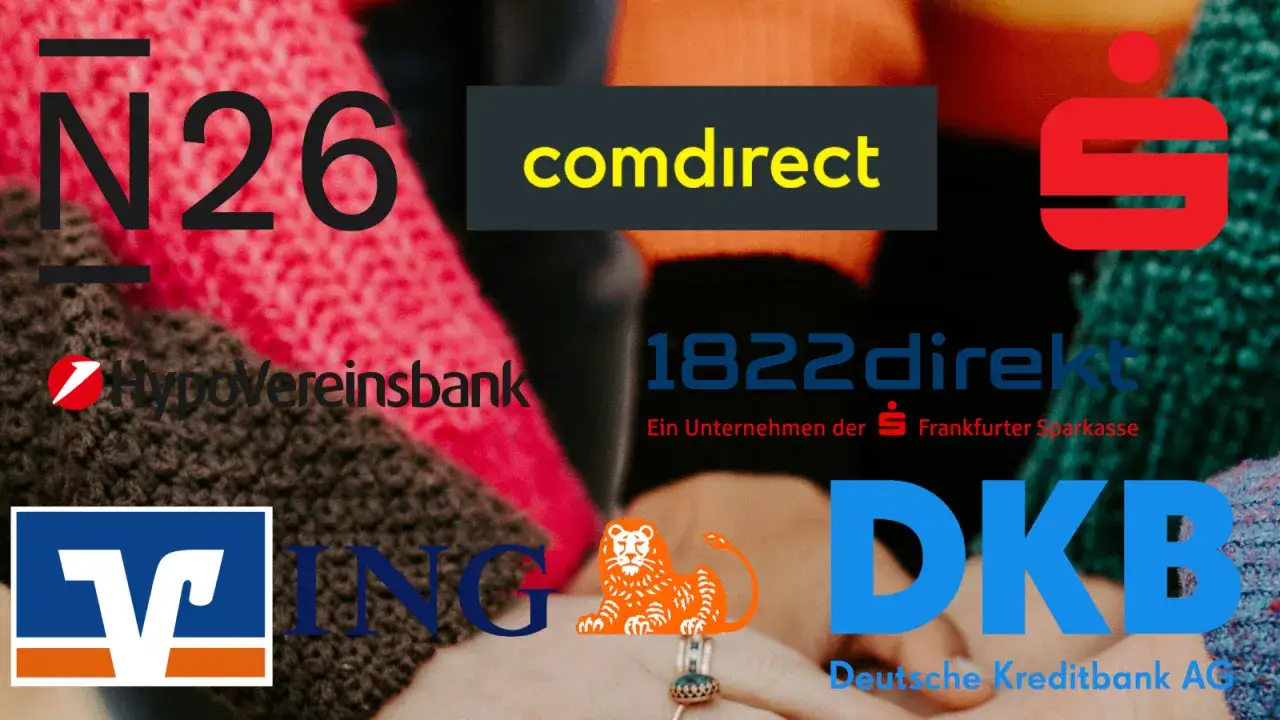 Logos von N26, comdirect, Sparkasse, HypoVereinsbank, 1822direkt, ING, DKB. Viele Banken für ein gemeinsames Konto.