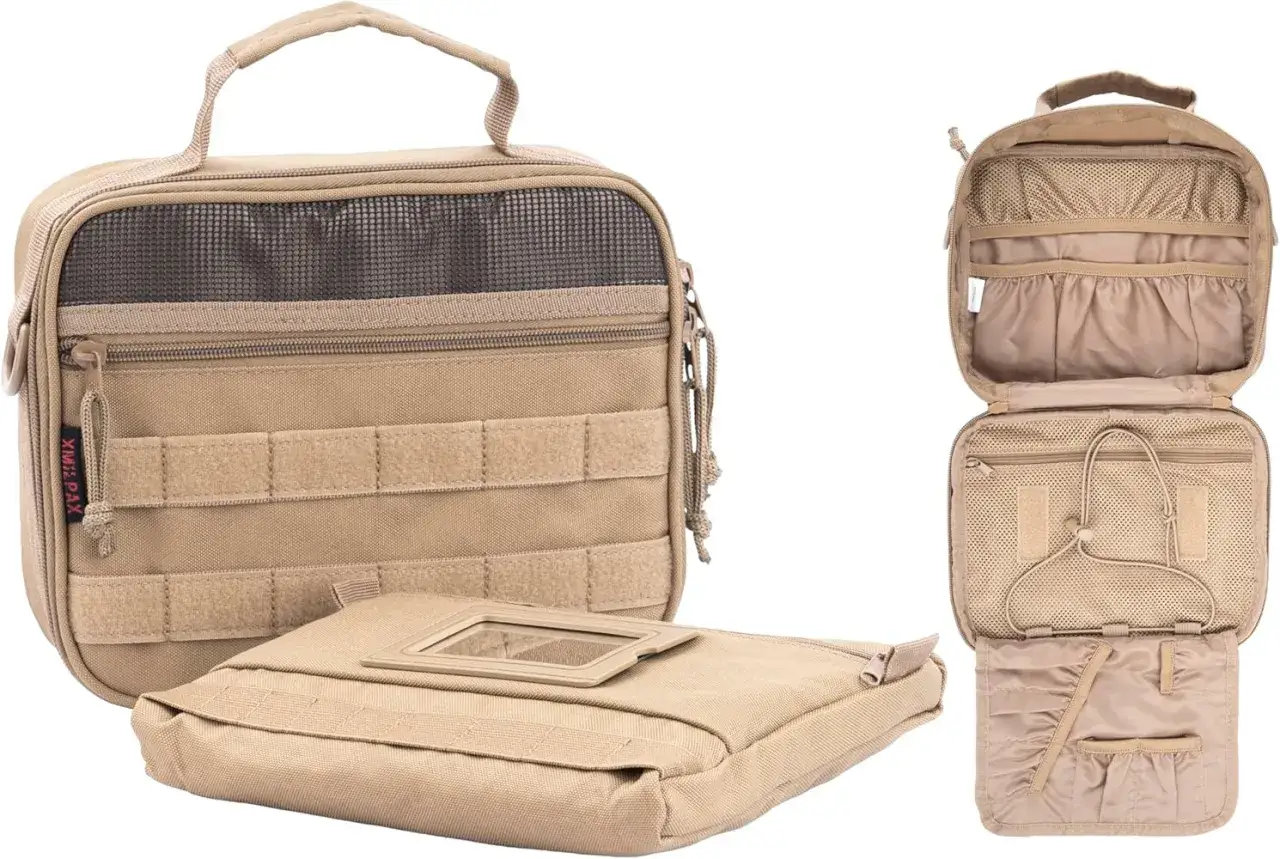 Neceser militar desplegable en color caqui, con compartimentos interiores y espejo. Ideal para organizar tus art&iacute;culos de aseo en cualquier situaci&oacute;n.