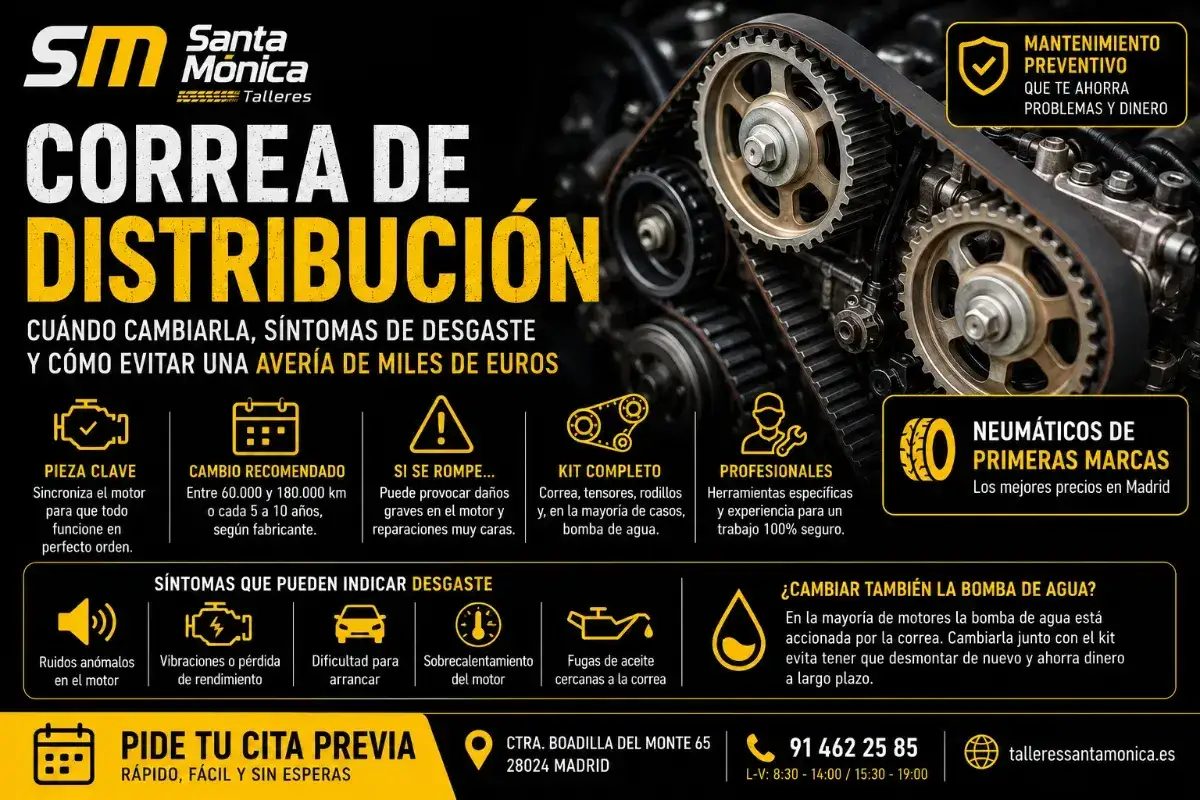 Primer plano de una correa de distribución gastada y engranajes de motor. El texto promociona el cambio de la correa de distribución para evitar averías costosas.