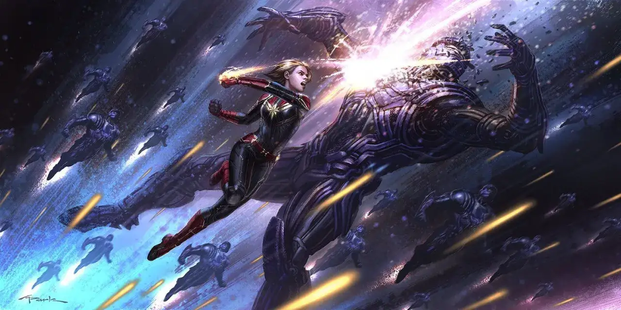 Kapitan Marvel walczy z kosmicznym przeciwnikiem, otoczona przez armię wrogów. Epicka scena z postaciami Marvela.