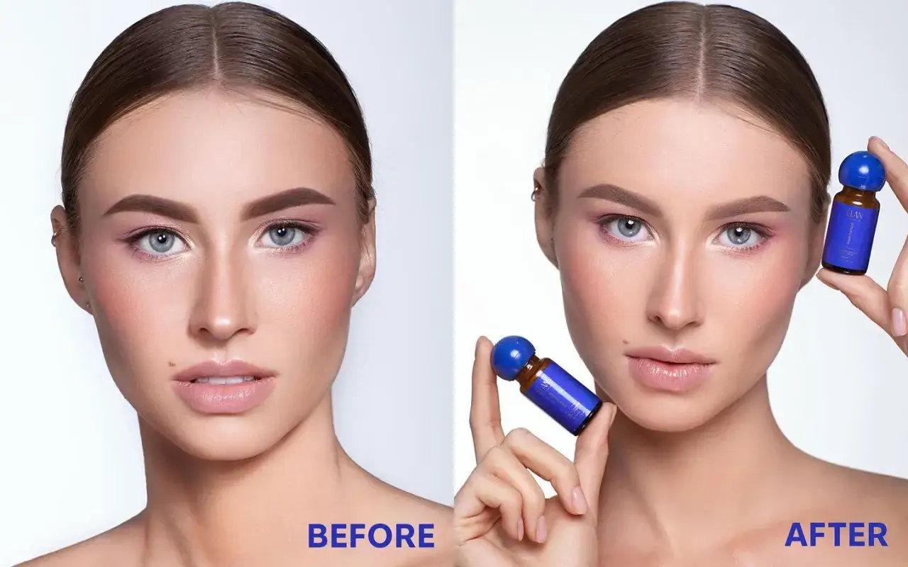 Przed i po: rozjaśnione brwi dzięki nowemu produktowi. Kobieta prezentuje serum do pielęgnacji brwi.
