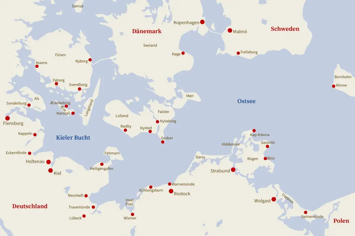 Karte der Nordsee und Ostsee mit St&auml;dten wie Kiel, Rostock und Kopenhagen. Deutschland, D&auml;nemark, Schweden und Polen sind markiert.