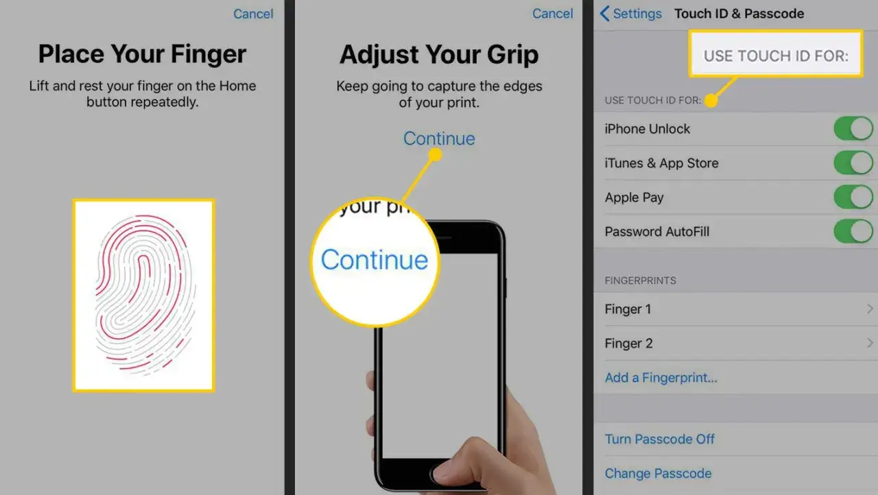 Konfiguracja **Touch ID** na iPhonie: skanowanie palca i wybór funkcji, do których ma być używany.