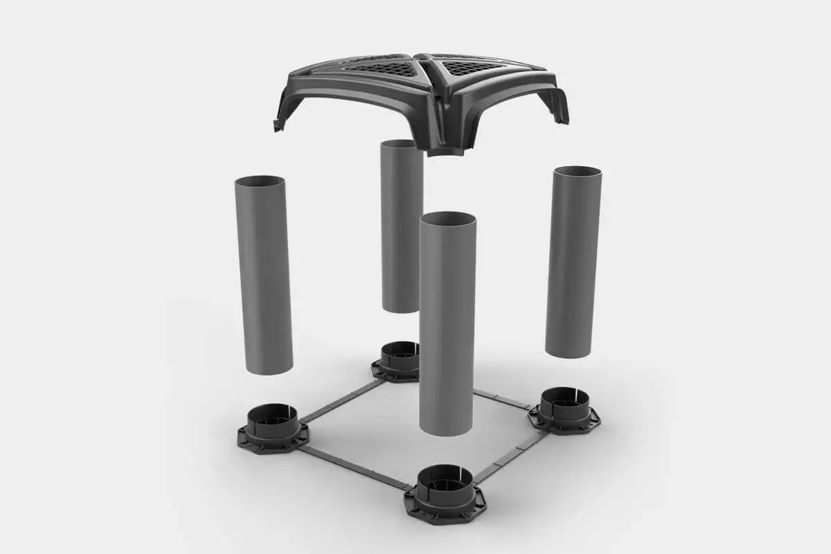 Componentes de un forjado sanitario ventilado: base, pilares y tapa.