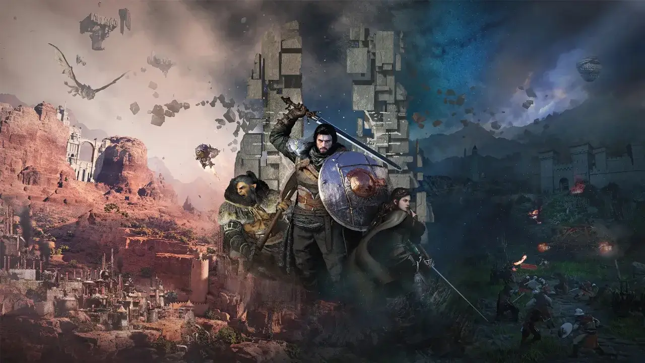 Krieger mit Schwert und Schild, Drachen, fliegende Festungen und eine Schlacht. Das Artwork deutet auf den crimson desert release date hin.