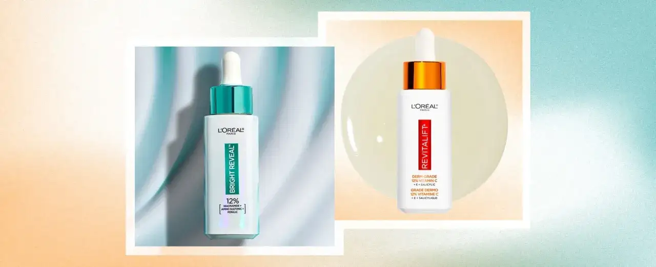 Dwa serum L'Oréal: jedno z niacynamidem, drugie z witaminą C. Skóra rozświetlona i odżywiona.