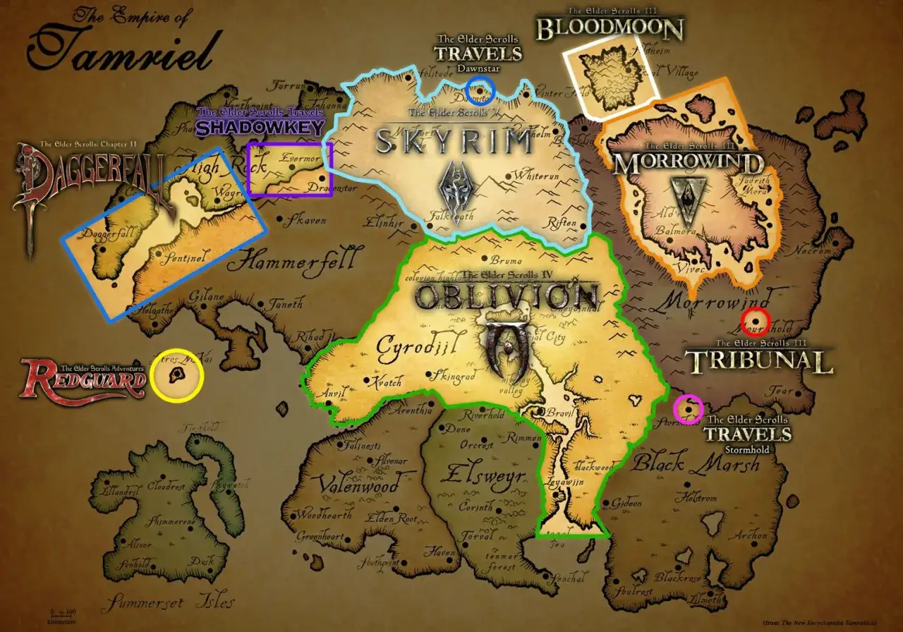 Mapa Tamriel z zaznaczonymi regionami gier: Daggerfall, Shadowkey, Oblivion, Morrowind, Tribunal, Redguard, Summerset Isles, Skyrim, Elsweyr, Valenwood, Hammerfell, Black Marsh.