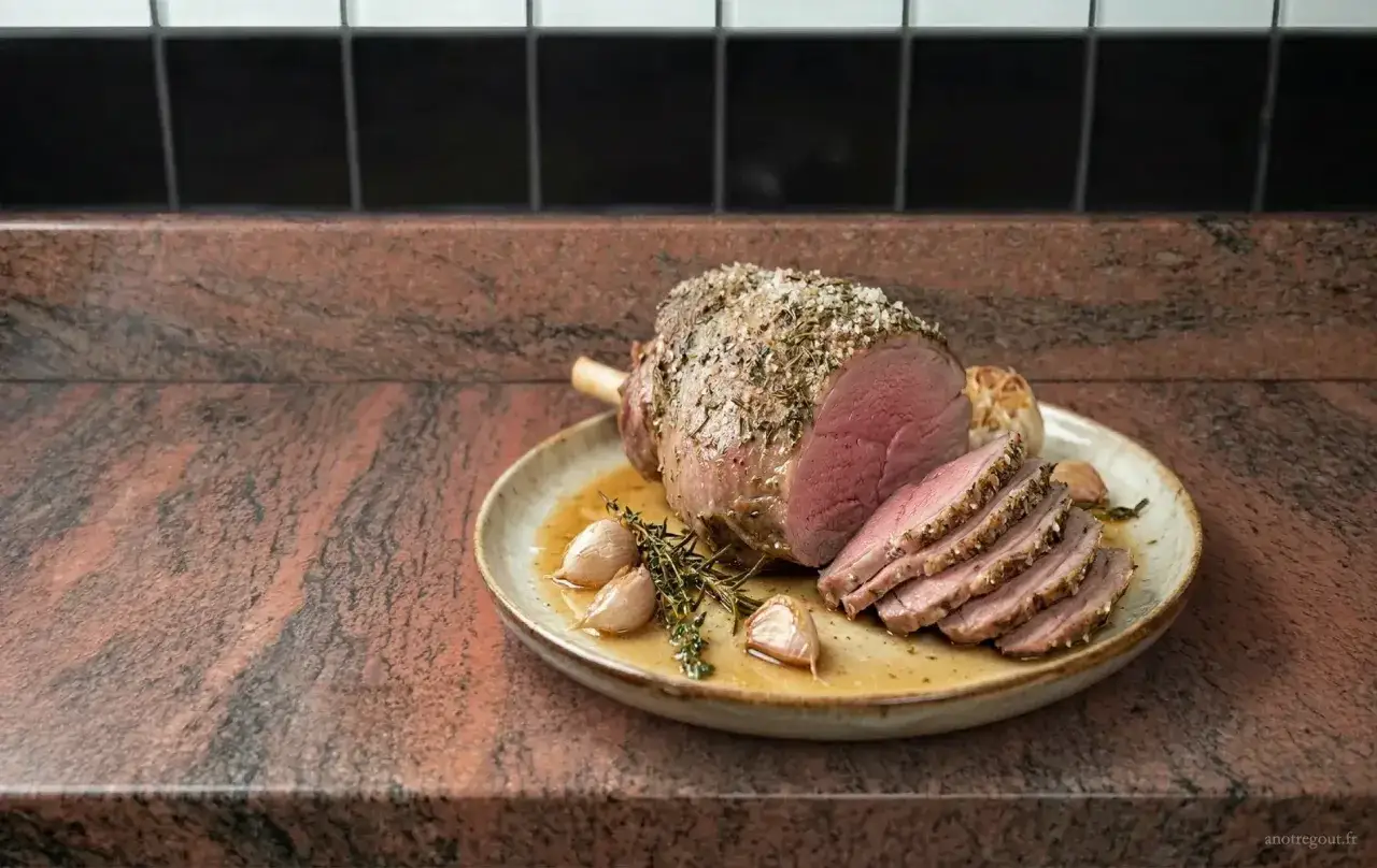 Rôti d'agneau sans os au four, tranché, avec ail et herbes. Le temps de cuisson parfait pour un délice rosé.