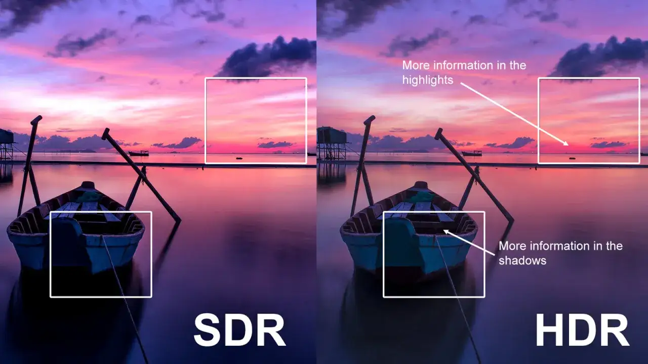 Porównanie SDR i HDR: łódź na tle zachodu słońca. HDR w aparacie telefonu ukazuje więcej detali w jasnych i ciemnych partiach.