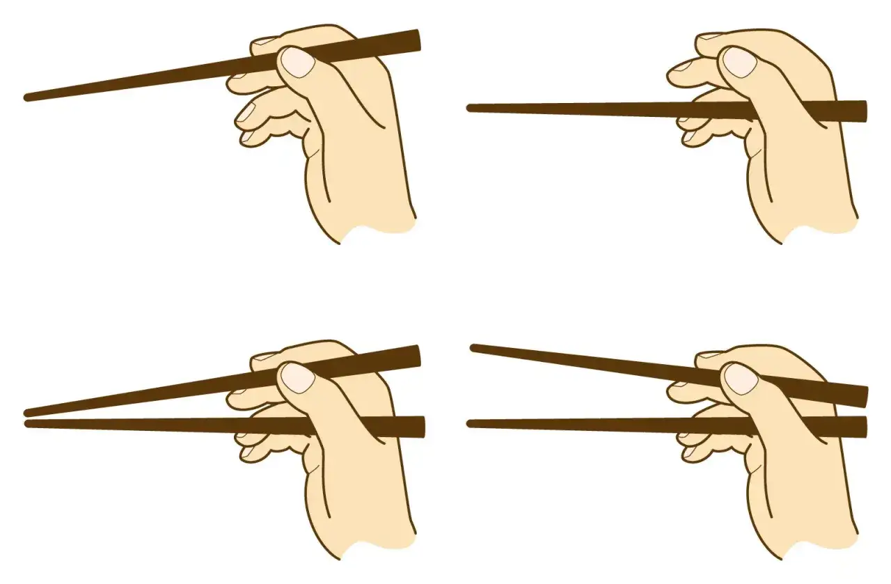 Ilustracje pokazują, jak trzymać pałeczki do sushi. Różne ujęcia dłoni z pałeczkami.