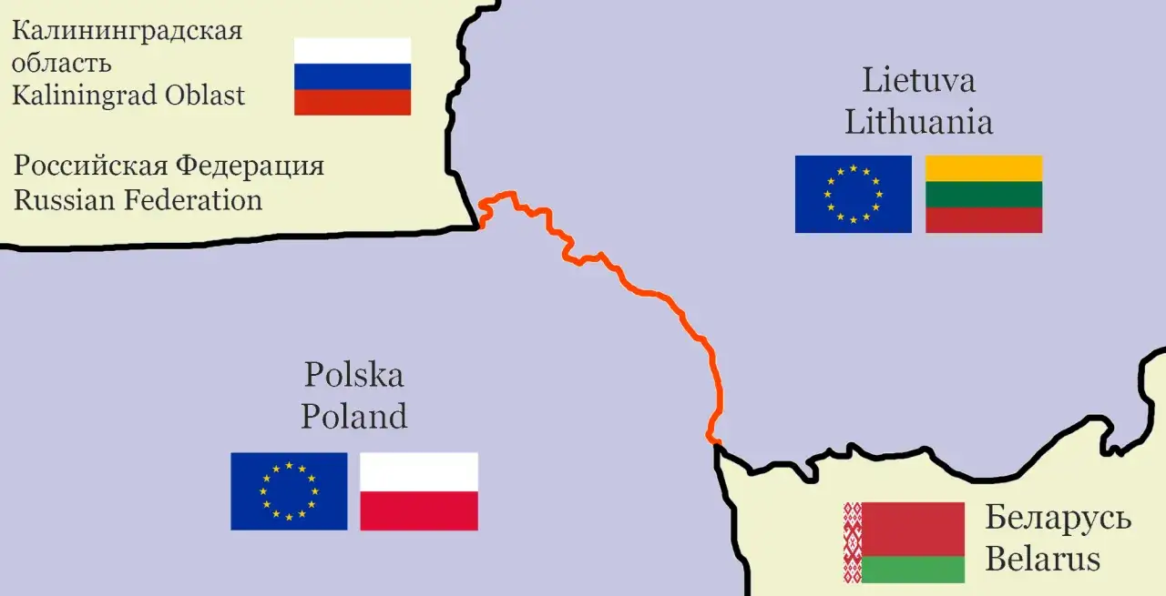 Mapa pokazuje granicę między Polską a obwodem kaliningradzkim, sugerując potencjalny atak Rosji na Polskę.