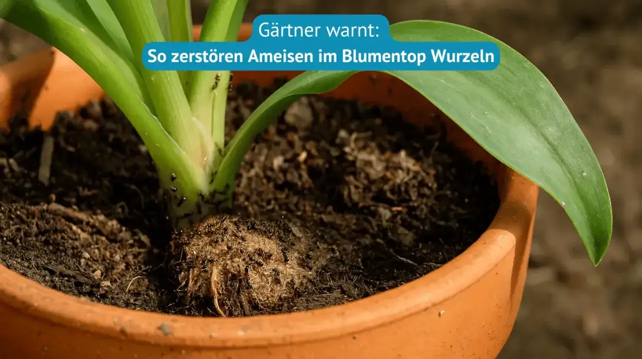 Viele Ameisen krabbeln um die Wurzeln einer Pflanze in einem Blumentopf.