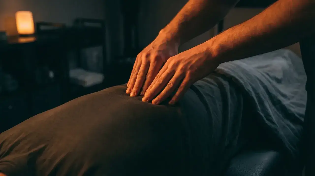 Hände eines Osteopathen auf dem Rücken eines Patienten. Sanfte Berührung, die zeigt, was Osteopathie bringt: Wohlbefinden und Linderung.