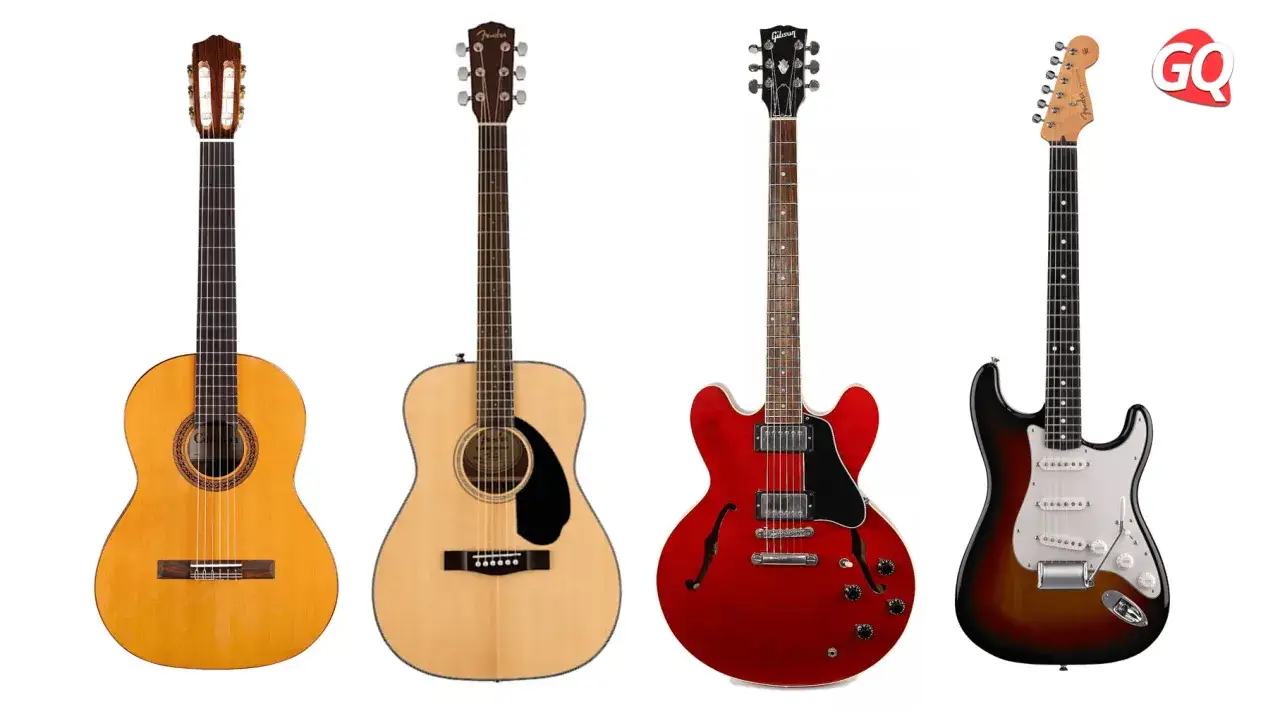 Quatre guitares : une classique, une acoustique Fender, une guitare jazz rouge et une &eacute;lectrique Fender.