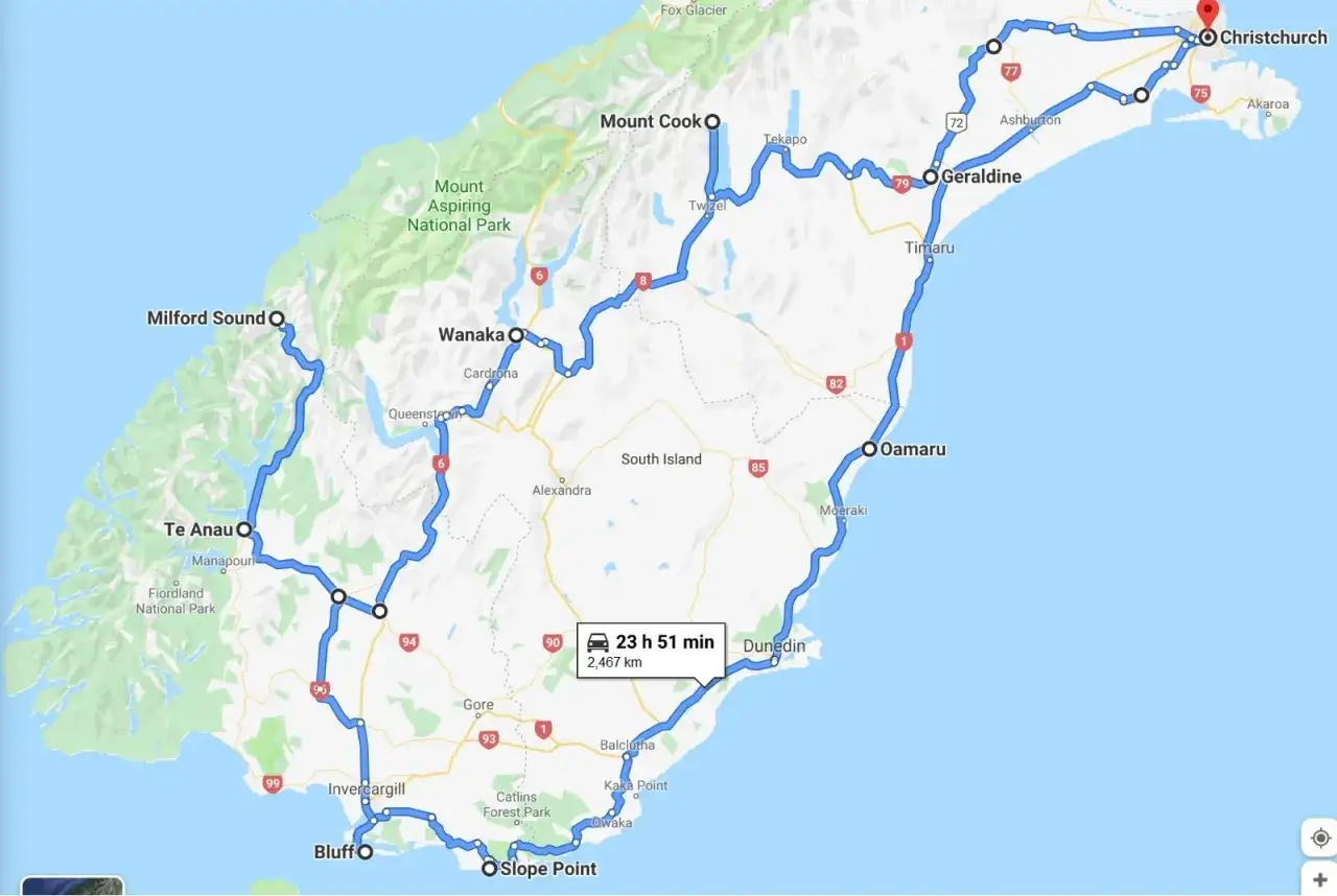 Trasa podróży po Nowej Zelandii, od Milford Sound po Christchurch, z postojami w Queenstown, Wanaka i Oamaru. Długość trasy 2467 km.