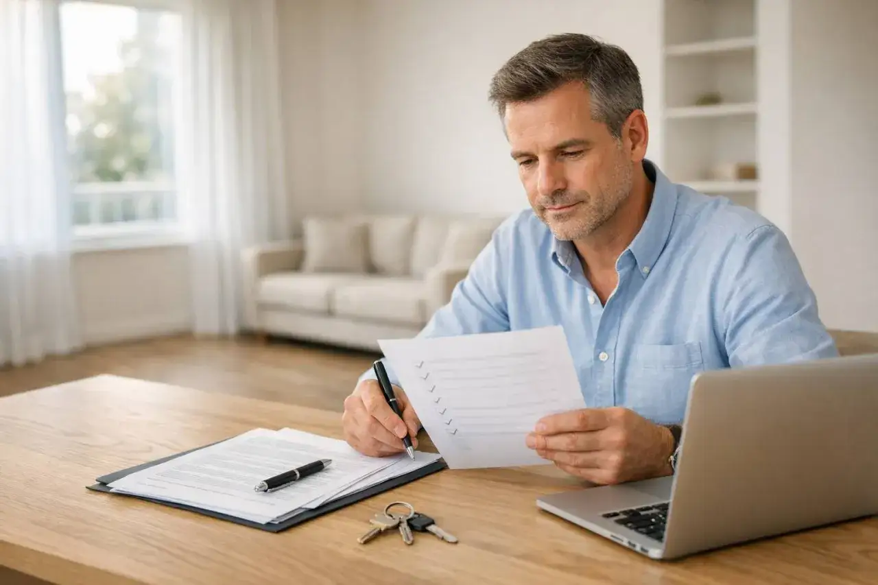 Hombre revisando documentos y llaves, pensando qu&eacute; tener en cuenta al alquilar un piso.